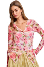BiBi Women's Floral Print Ruched Button-Up Sheer Mesh Cardigan Top | Styleinger