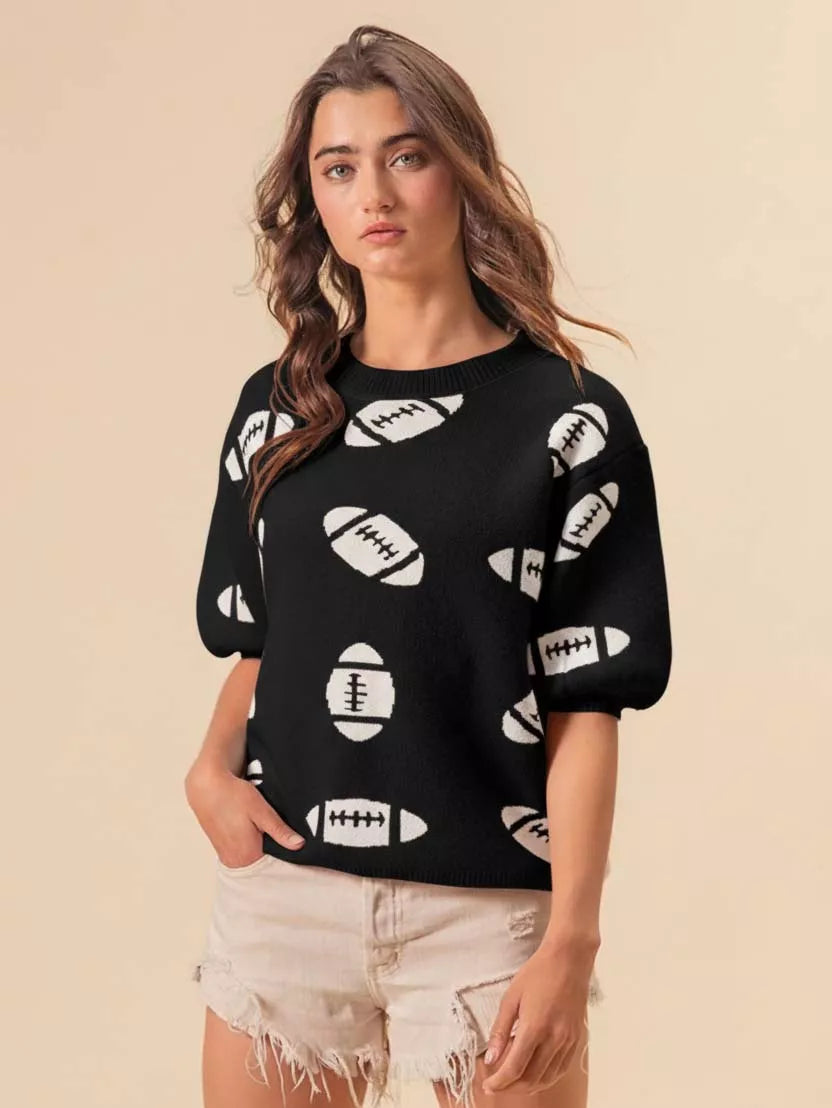 BiBi Women's Football Sweater Black Ivory Pattern Short Sleeve Top BiBi_Women_s_Football_Sweater_Black_Ivory_Pattern_Short_Sleeve_Top Trendsi