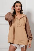 BiBi Women's Hoodie Taupe Half Zip French Terry with Kint Sleeves TAUPE BiBi_Women_s_Hoodie_Taupe_Half_Zip_French_Terry_with_Kint_Sleeves Trendsi