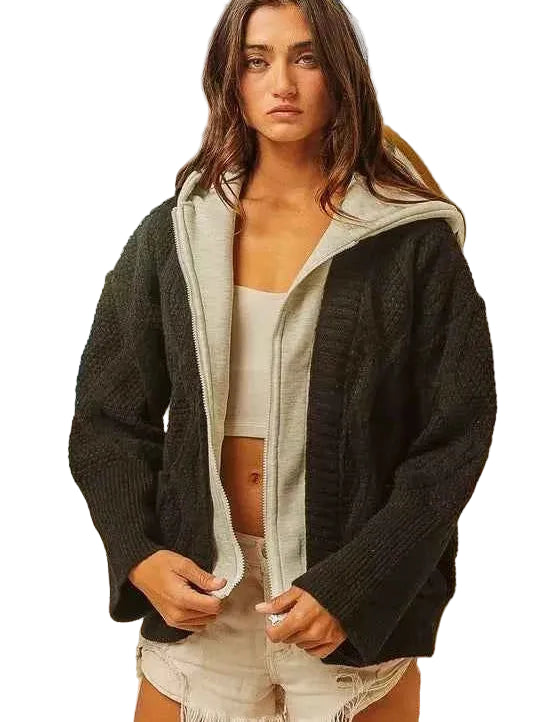 BiBi Women’s Knit Hoodie Rhombus Sweater Jacket Casual Zip-Up Knit Outerwear- STYLEINGER