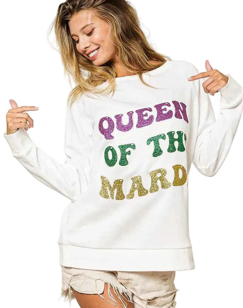 BiBi Women’s Mardi Gras Glitter Print Sweatshirt Queen of Mardi Casual Top