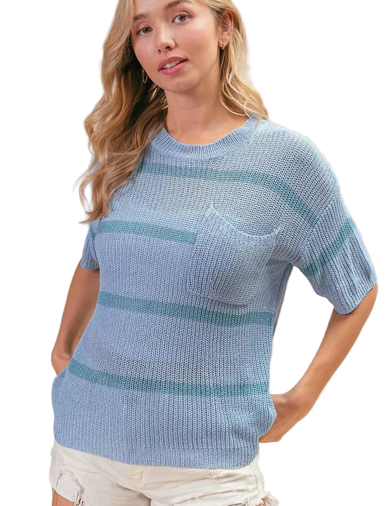 BiBi Women’s Striped Blue Patch Pocket Lightweight Sweater Top Casual Knit Shirt - STYLEINGER
