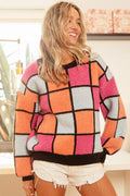 BiBi Women's Sweater Checker Orange Red Multi Color Pattern Oversized ORANGE PINK DENIM BiBi_Women_s_Sweater_Checker_Orange_Red_Multi_Color_Pattern_Oversized Trendsi