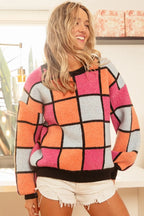 BiBi Women's Sweater Checker Orange Red Multi Color Pattern Oversized ORANGE PINK DENIM BiBi_Women_s_Sweater_Checker_Orange_Red_Multi_Color_Pattern_Oversized Trendsi