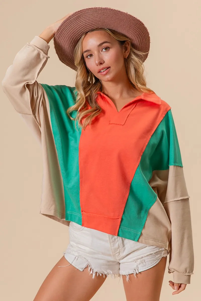 BiBi Women's Sweatshirt Colorblock Exposed Seam French Terry Top APRICOT MINT SAND BiBi_Women_s_Sweatshirt_Colorblock_Exposed_Seam_French_Terry_Top Trendsi