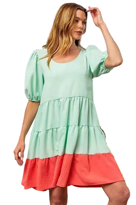 BiBi Women’s Two‑Tone Ruffle Mini Dress Casual Balloon Sleeve U‑Neck Tiered  - STYLEINGER