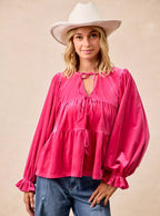 BiBi Womens Blouse Christmas Theme Velvet Bow Tied Ruffled Top FUCHSIA BiBi_Womens_Blouse_Christmas_Theme_Velvet_Bow_Tied_Ruffled_Top Trendsi