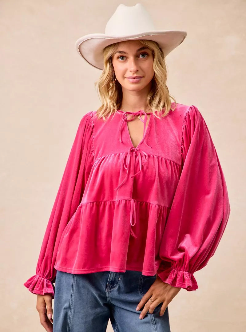 BiBi Womens Blouse Christmas Theme Velvet Bow Tied Ruffled Top FUCHSIA BiBi_Womens_Blouse_Christmas_Theme_Velvet_Bow_Tied_Ruffled_Top Trendsi