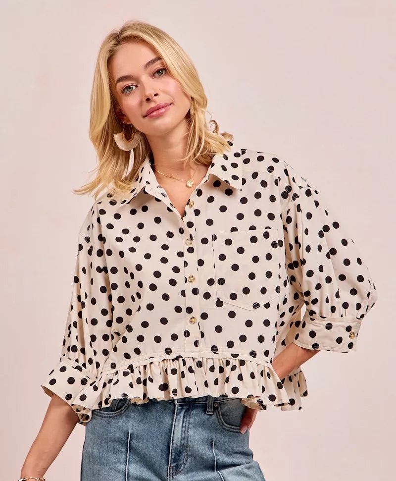 BiBi Womens Blouse Off White Black Polka Dot Peplum Top with Front Button OFF WHITE BLACK BiBi_Womens_Blouse_Off_White_Black_Polka_Dot_Peplum_Top_with_Front_Button Trendsi