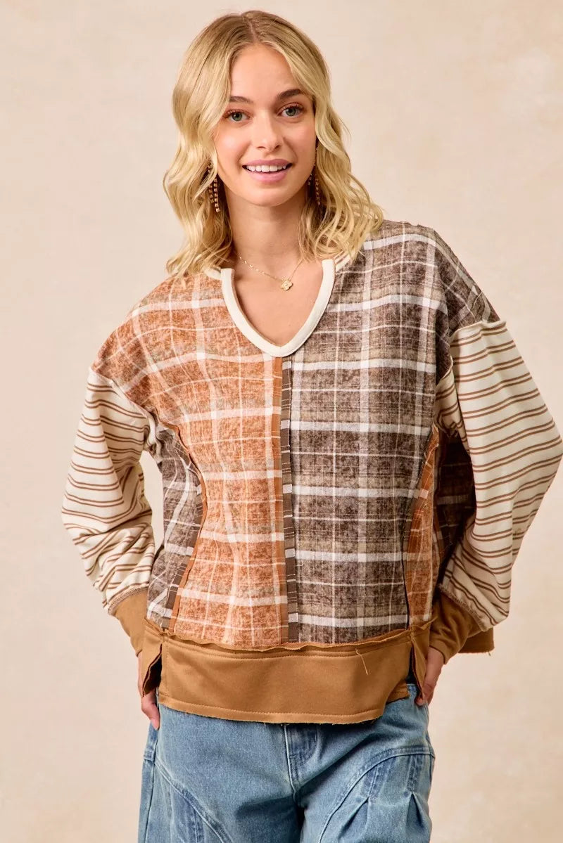 BiBi Womens Blouse Plaid And Stripe Mix And Match Top With Open Seam RUST DK MOCHA BiBi_Womens_Blouse_Plaid_And_Stripe_Mix_And_Match_Top_With_Open_Seam Trendsi