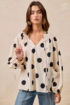 BiBi Womens Blouse Polka Dot Exaggerated Balloon Long Sleeves Top OATMEAL BLACK BiBi_Womens_Blouse_Polka_Dot_Exaggerated_Balloon_Long_Sleeves_Top Trendsi