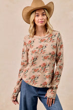 BiBi Womens Blouse Taupe Floral Print Washed Waffle Thermal Top with Thumbs TAUPE BiBi_Womens_Blouse_Taupe_Floral_Print_Washed_Waffle_Thermal_Top_with_Thumbs Trendsi