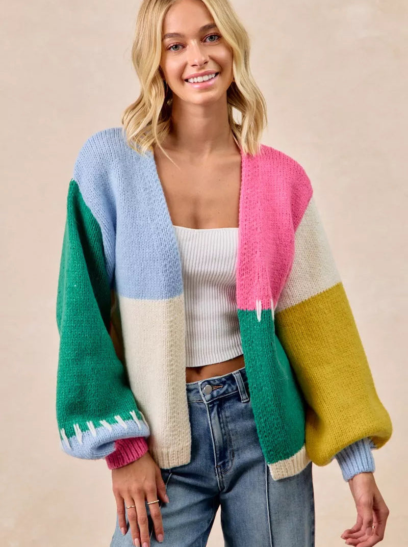 BiBi Womens Cardigan Colorful Stripe Color Block Open Front Sweater HUNTER MULTI BiBi_Womens_Cardigan_Colorful_Stripe_Color_Block_Open_Front_Sweater Trendsi