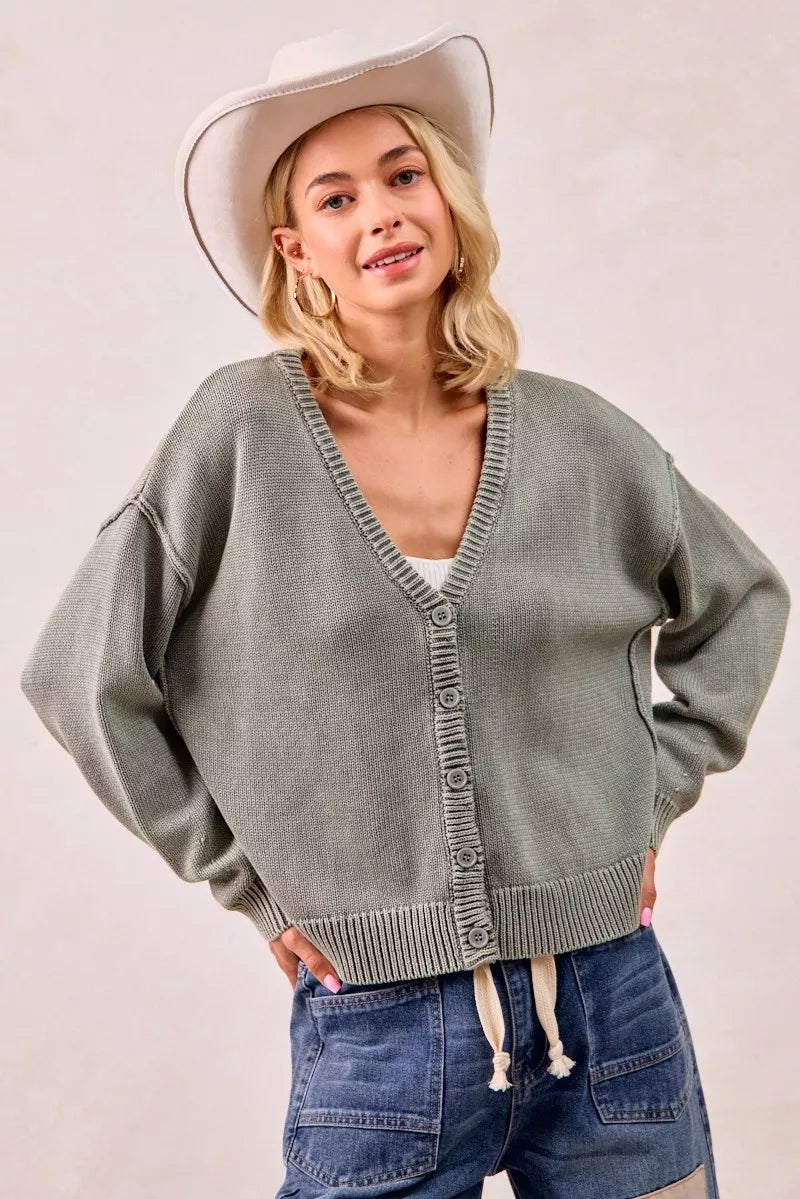 BiBi Womens Cardigan Cotton Washed Sweater Olive V Neck Basic Style VINTAGE OLIVE BiBi_Womens_Cardigan_Cotton_Washed_Sweater_Olive_V_Neck_Basic_Style Trendsi
