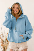 BiBi Womens Fleece Hoodie Light Blue Stitch Detailed Elastic Hem Half Zip DENIM BiBi_Womens_Fleece_Hoodie_Light_Blue_Stitch_Detailed_Elastic_Hem_Half_Zip Trendsi