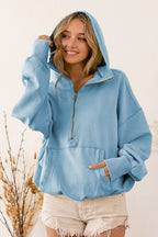 BiBi Womens Fleece Hoodie Light Blue Stitch Detailed Elastic Hem Half Zip DENIM BiBi_Womens_Fleece_Hoodie_Light_Blue_Stitch_Detailed_Elastic_Hem_Half_Zip Trendsi