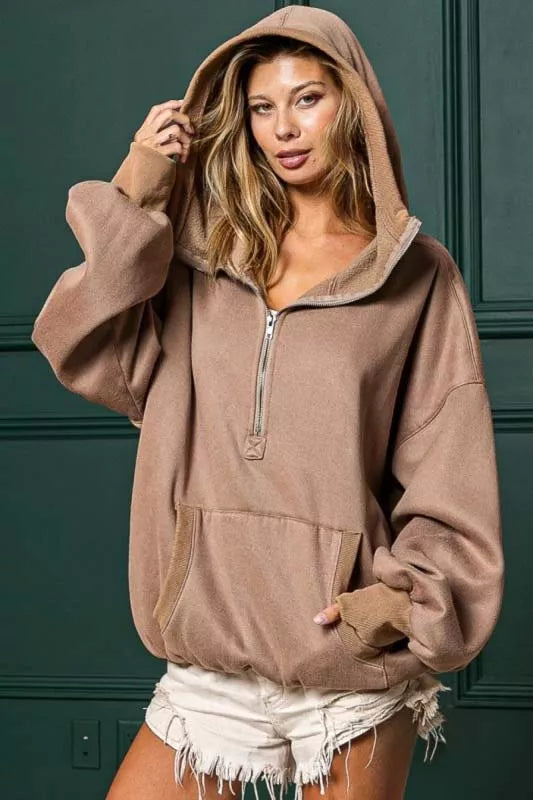 BiBi Womens Fleece Hoodie Mocha Stitch Detailed Elastic Hem Half Zip MOCHA BiBi_Womens_Fleece_Hoodie_Mocha_Stitch_Detailed_Elastic_Hem_Half_Zip Trendsi