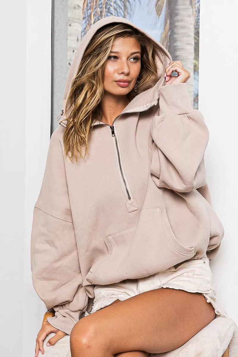 BiBi Womens Fleece Hoodie Taupe Stitch Detailed Elastic Hem Half Zip Top BiBi_Womens_Fleece_Hoodie_Taupe_Stitch_Detailed_Elastic_Hem_Half_Zip_Top Trendsi