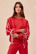 BiBi Womens Fleece Sweatshirt Red Side Lined Bow Details Top RED BiBi_Womens_Fleece_Sweatshirt_Red_Side_Lined_Bow_Details_Top Trendsi