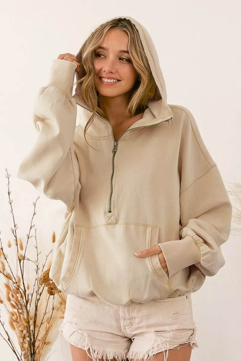 BiBi Womens Hoodie Fleece Oatmeal Stitch Detailed Elastic Hem Half Zip OATMEAL BiBi_Womens_Hoodie_Fleece_Oatmeal_Stitch_Detailed_Elastic_Hem_Half_Zip Trendsi