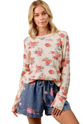 BiBi Womens Knit Top Floral Print Washed Waffle Thermal Blouse OATMEAL BiBi_Womens_Knit_Top_Floral_Print_Washed_Waffle_Thermal_Blouse Trendsi