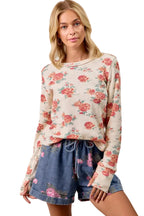 BiBi Womens Knit Top Floral Print Washed Waffle Thermal Blouse OATMEAL BiBi_Womens_Knit_Top_Floral_Print_Washed_Waffle_Thermal_Blouse Trendsi