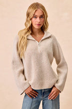 BiBi Womens Knit Top Taupe Two Tone Rib Texured with Zip Up Collared Sweater TAUPE BiBi_Womens_Knit_Top_Taupe_Two_Tone_Rib_Texured_with_Zip_Up_Collared_Sweater Trendsi