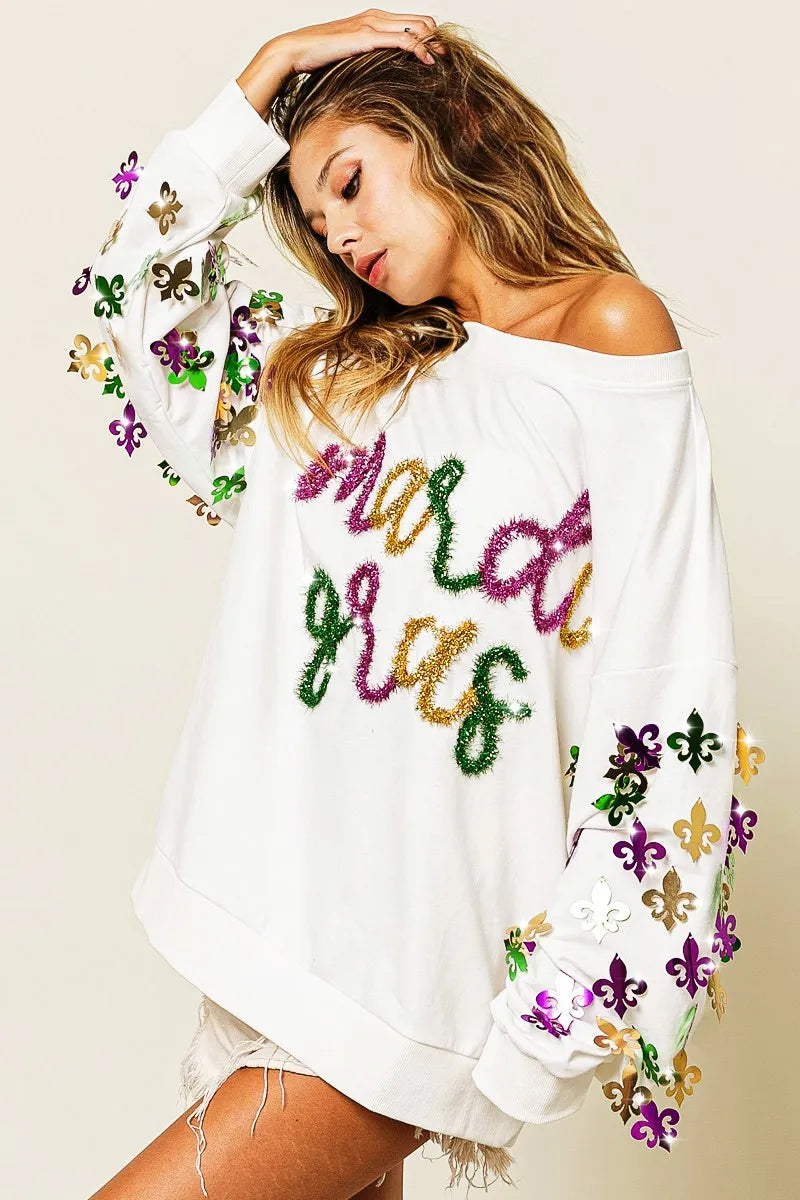 BiBi Womens Pullover Off White Fleur De Lis Sleeve Mardi Gras BiBi_Womens_Pullover_Off_White_Fleur_De_Lis_Sleeve_Mardi_Gras Trendsi
