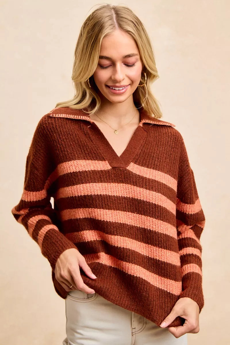 BiBi Womens Striped Sweater Top with Collar Stitched Details BRICK TERRACOTTA BiBi_Womens_Striped_Sweater_Top_with_Collar_Stitched_Details Trendsi