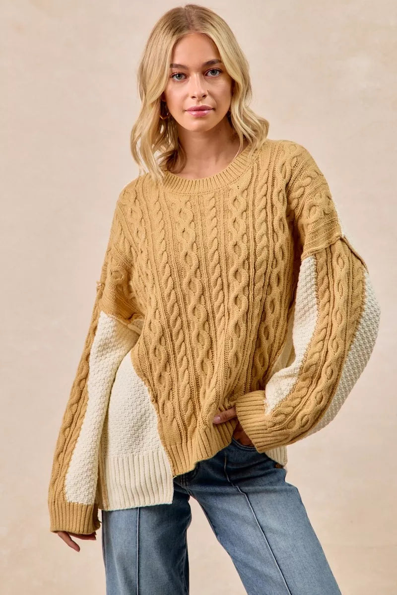 BiBi Womens Sweater Cable Knit With Hacci Combo Uneven Hem Detail LT MUSTARD IVORY BiBi_Womens_Sweater_Cable_Knit_With_Hacci_Combo_Uneven_Hem_Detail Trendsi