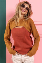 BiBi Womens Sweater Camel Color Block Knit Top With Cut Out Neck CAMEL RUST BiBi_Womens_Sweater_Camel_Color_Block_Knit_Top_With_Cut_Out_Neck Trendsi
