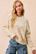 BiBi Womens Sweater Checker Ivory Board Drop Shoulder Knit Pullover IVORY BiBi_Womens_Sweater_Checker_Ivory_Board_Drop_Shoulder_Knit_Pullover Trendsi