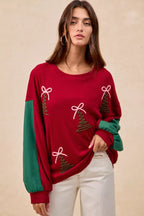 BiBi Womens Sweater Christmas Theme Tree Embroidered Red Pullover RED BiBi_Womens_Sweater_Christmas_Theme_Tree_Embroidered_Red_Pullover Trendsi