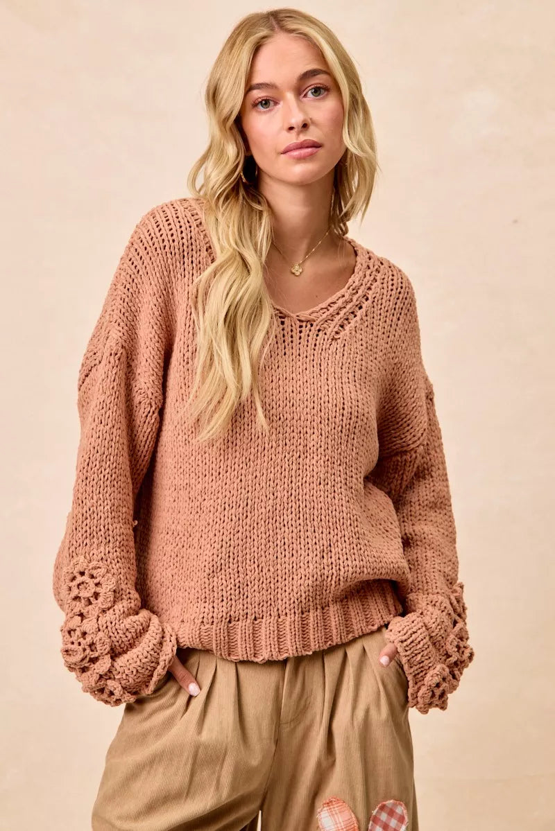 BiBi Womens Sweater Chunky Knit with Flower Detail Sleeves Peach DUSTY PEACH BiBi_Womens_Sweater_Chunky_Knit_with_Flower_Detail_Sleeves_Peach Trendsi