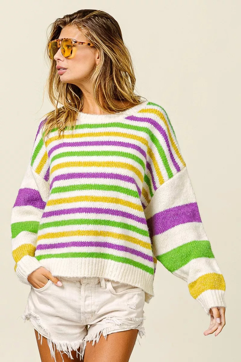 BiBi Womens Sweater Mardi Gras Colors Stripe Comfy Knit Pullover IVORY MULTI BiBi_Womens_Sweater_Mardi_Gras_Colors_Stripe_Comfy_Knit_Pullover Trendsi