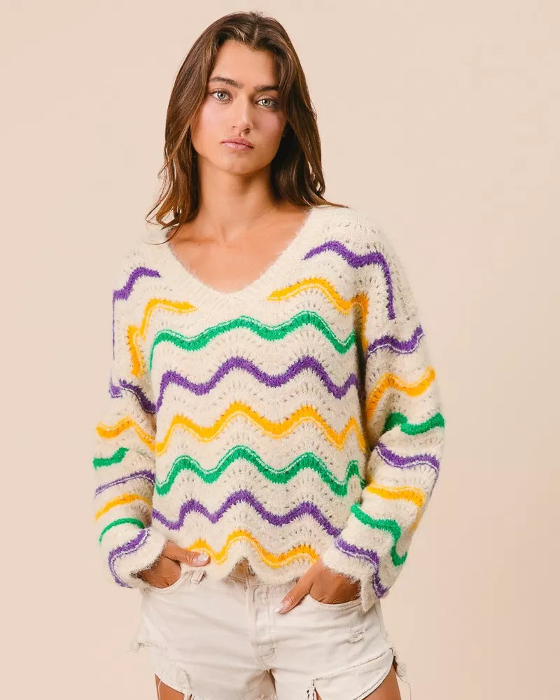 BiBi Womens Sweater Mardi Gras Wavy Stripes V-Neck Open Knit Pullover CREAM BiBi_Womens_Sweater_Mardi_Gras_Wavy_Stripes_V-Neck_Open_Knit_Pullover Trendsi