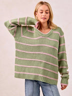 BiBi Womens Sweater Striped Sage Green Long Sleeve Oversized Pullover SAGE GREEN BiBi_Womens_Sweater_Striped_Sage_Green_Long_Sleeve_Oversized_Pullover Trendsi