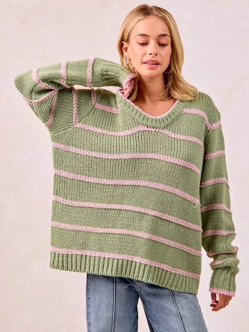 BiBi Womens Sweater Striped Sage Green Long Sleeve Oversized Pullover SAGE GREEN BiBi_Womens_Sweater_Striped_Sage_Green_Long_Sleeve_Oversized_Pullover Trendsi