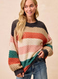 BiBi Womens Sweater Stripes Color Block Chunky Knit Oversized CHARCOAL TEAL COMBO BiBi_Womens_Sweater_Stripes_Color_Block_Chunky_Knit_Oversized Trendsi
