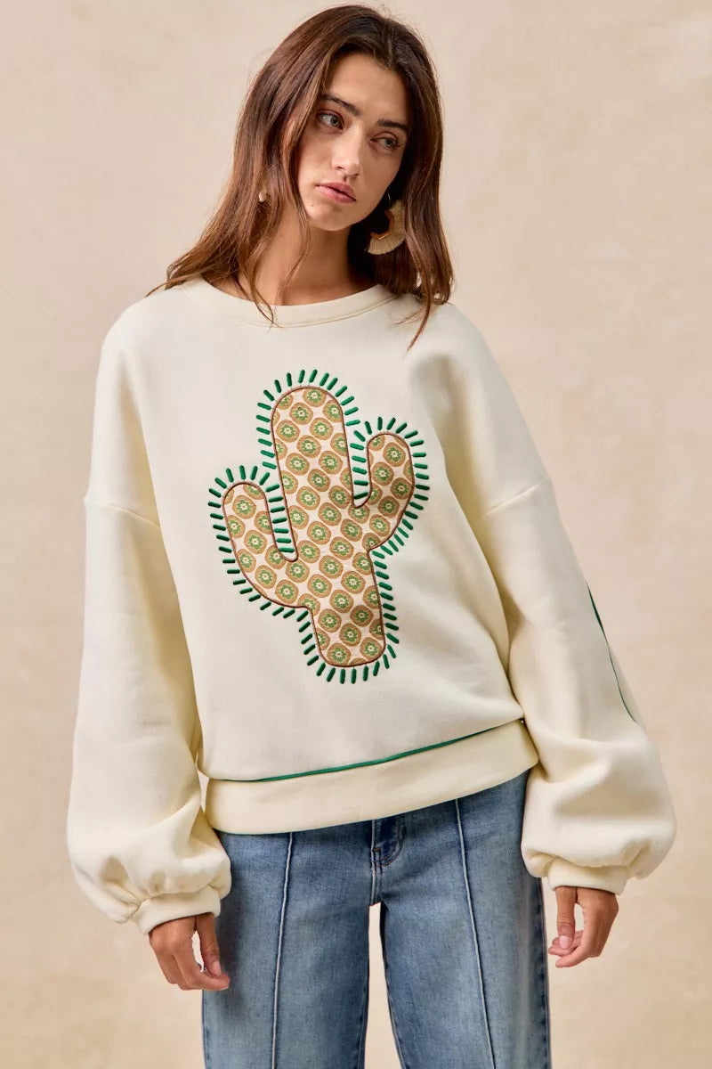 BiBi Womens Sweatshirt Cactus Embroidered Cream Fleece Pullover CREAM BiBi_Womens_Sweatshirt_Cactus_Embroidered_Cream_Fleece_Pullover Trendsi