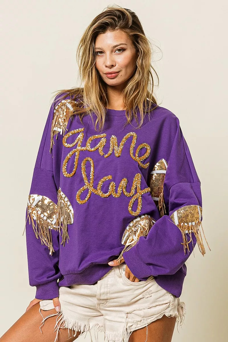 BiBi Womens Sweatshirt Sequin Football Patches Game Day Purple Top PURPLE GOLD BiBi_Womens_Sweatshirt_Sequin_Football_Patches_Game_Day_Purple_Top Trendsi