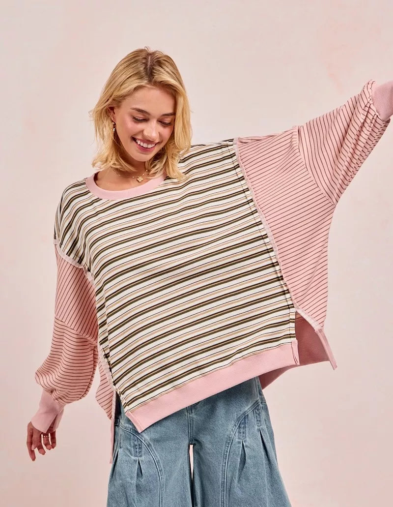 BiBi Womens Sweatshirt Stripe Mixed Top With Cut Edge And Reverse Outseam OATMEAL PINK BiBi_Womens_Sweatshirt_Stripe_Mixed_Top_With_Cut_Edge_And_Reverse_Outseam Trendsi