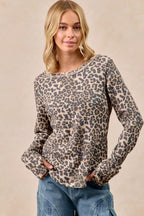 BiBi Womens T-shirt Leopard Print Washed Waffle Thermal Top LEOPARD BiBi_Womens_T-shirt_Leopard_Print_Washed_Waffle_Thermal_Top Trendsi