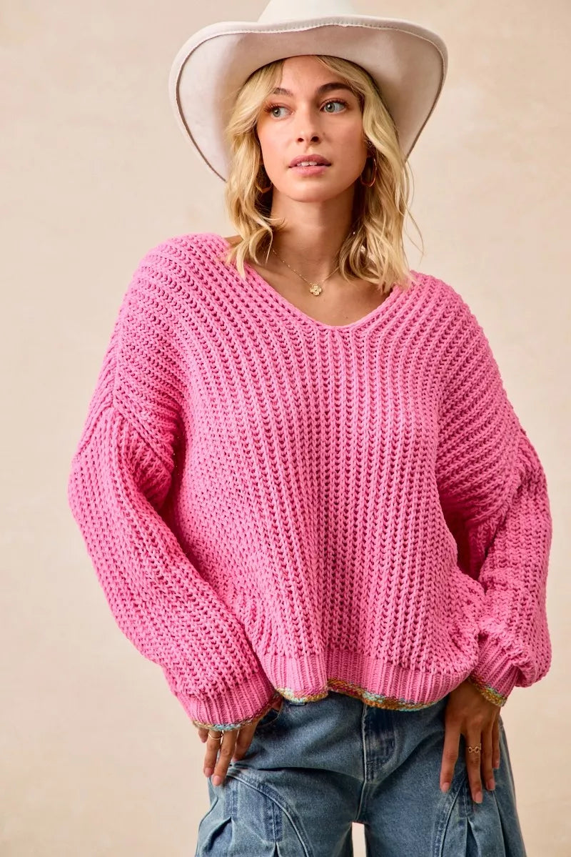 BiBi Womens V-Neck Sweater Pink with Colorful Trim PINK BiBi_Womens_V-Neck_Sweater_Pink_with_Colorful_Trim Trendsi