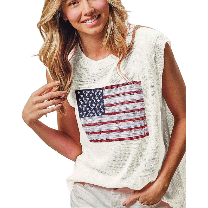 BiBi American Flag Sequin Oversized Knit Top Sleeveless Off White Loose Lightweight