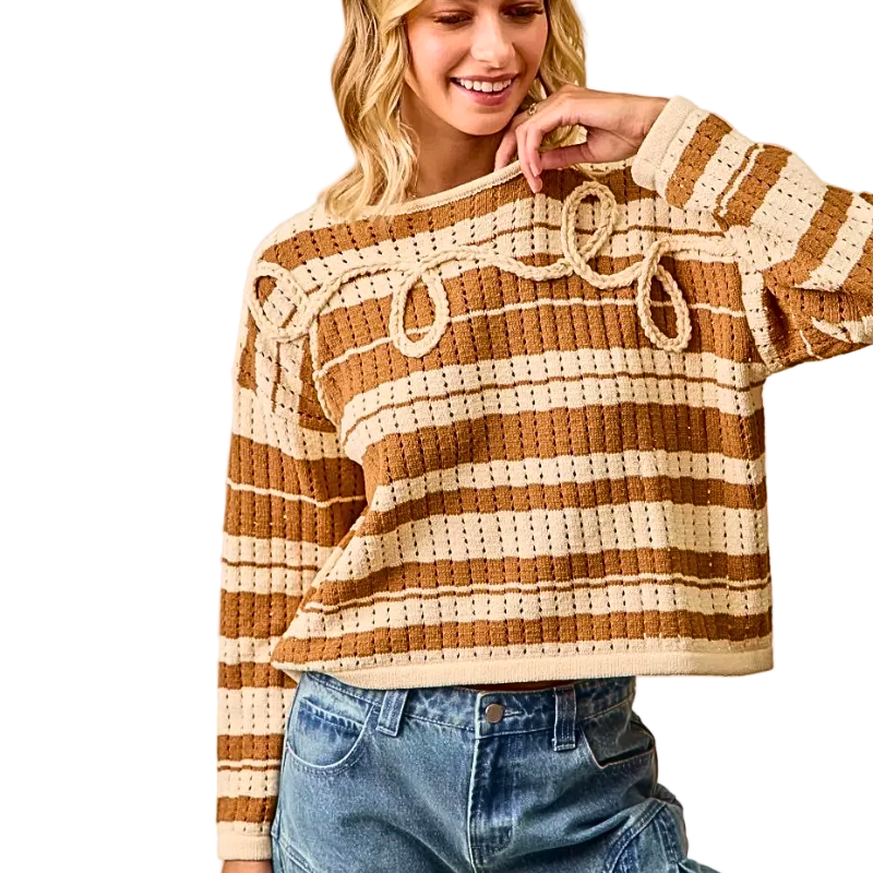 BiBi Oversized Sweater Brown Open Knit Lightweight Long Sleeve Loose Pullover