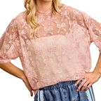 BiBi Bow Mesh Top Sheer Casual Loose Short Sleeve Dusty Rose Boxy Blouse Tee