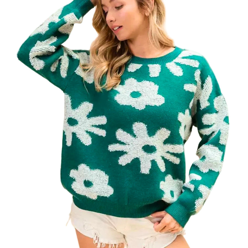 BiBi Floral Sweater Casual Loose Green Soft Knit Round Neck Long Seeve Pullover