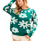 BiBi Floral Pullover mit Rundhals, lässig, locker, grün, weich gestrickt, lange Ärmel