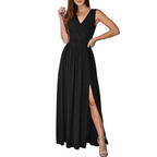 Black Maxi Dress Sleeveless V-Neck Side Slit Ruffle High Waist Party Dress